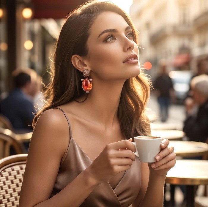 Exquisite 12.4 ctw Red Topaz 7.2 carat pave Ruby .925 Sterling Silver dipped in black rhodium handcrafted Statement earrings - Person wearing red topaz earrings in a side view, holding a coffee cup.