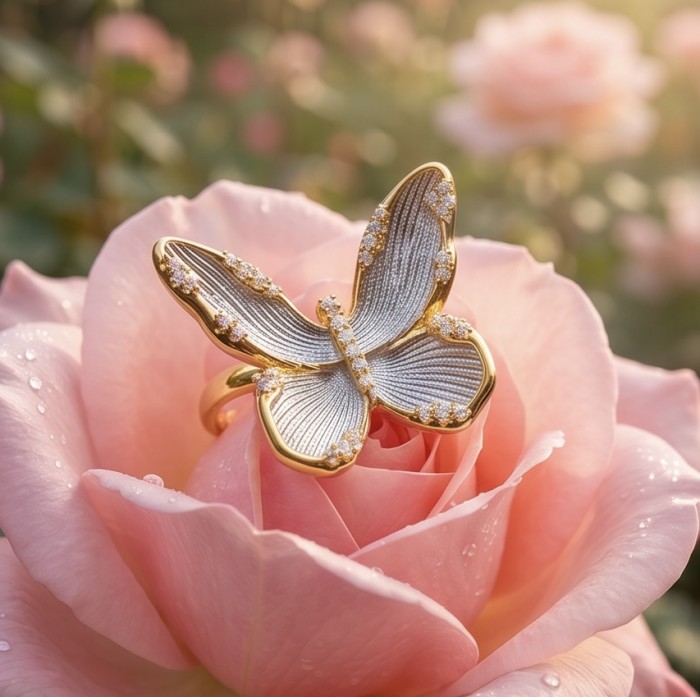Golden Butterfly White Topaz highly polished 18K Gold over .925 Sterling Silver Italy made ring s. 7 - Butterfly gold ring with topaz detail on pink rose, top view.