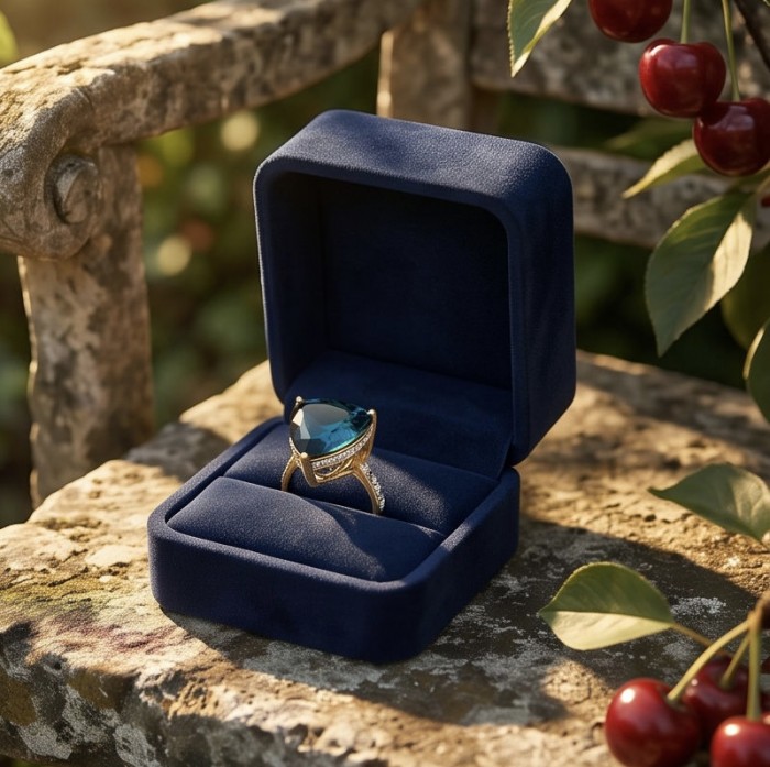 Atlantica rare trillion cut 10.9 carat authentic London Blue Topaz 22K Gold over .925 Sterling Silver Handcrafted Ring size 6 1/4 - Trillion cut London Blue ring in box on stone bench, cherries in view.