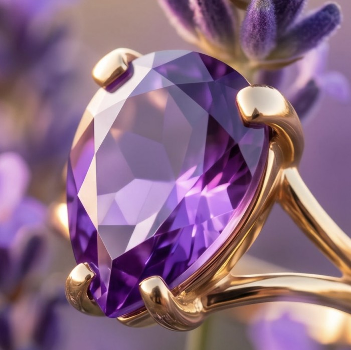 Lavender Love 10.5 carat natural Amethyst 18K Gold over .925 Sterling Silver Handcrafted Ring size 10 1/4 - Stone close-up of Lavender Love Amethyst in 18K gold setting