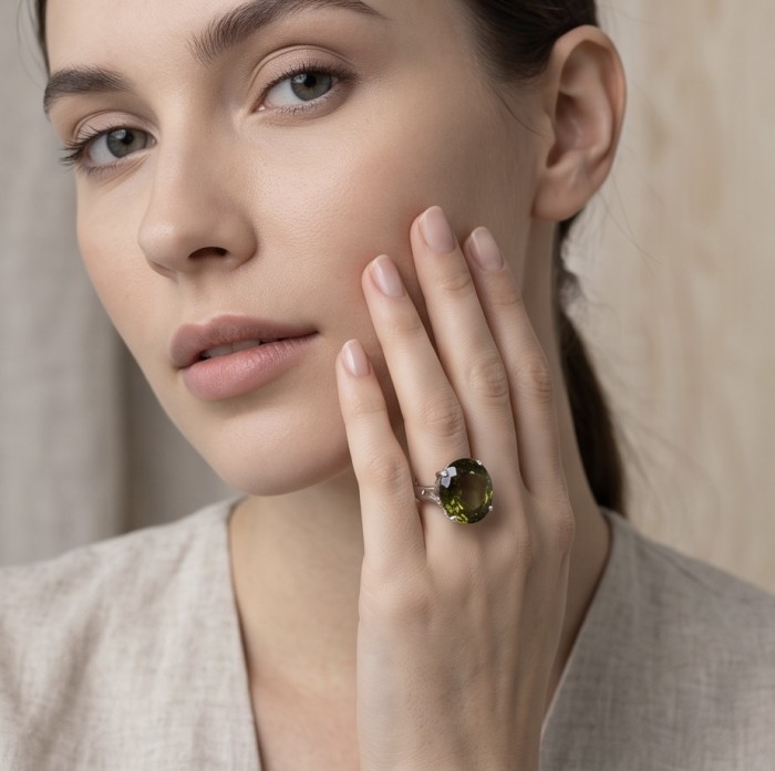 Precious 11.2 CARAT Green Sapphire .925 Sterling Silver Statement Ring s. 8 - Green sapphire ring worn on hand, close-up view.