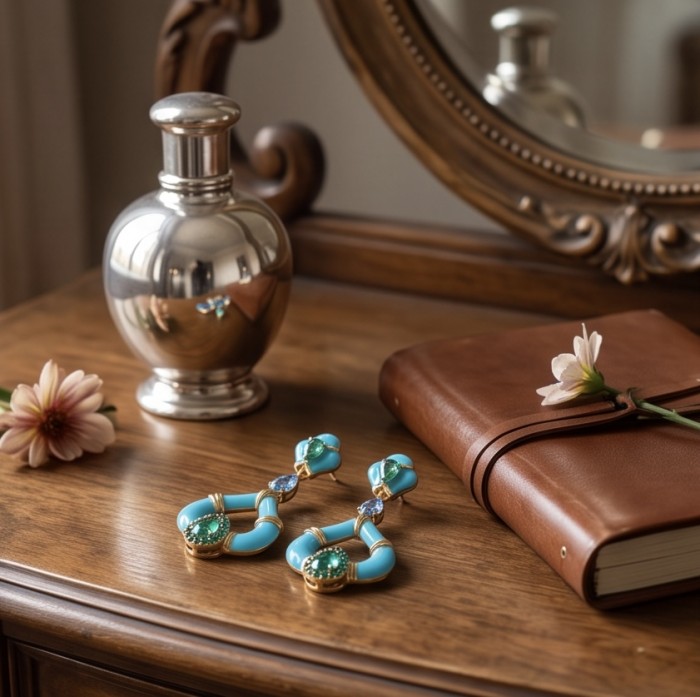 Art Deco 4.8 carat Aquamarine Turquoise enamel 14K Gold over .925 Sterling Silver Handcrafted Statement earrings - Close-up of turquoise Art Deco earrings on a wooden vanity.