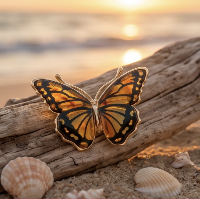 Golden Butterfly Authentic carved Baltic Amber 18K Gold over .925 Sterling Silver handcrafted pendant - Golden butterfly brooch on driftwood at sunset, seashells nearby.