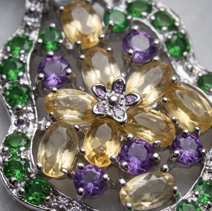 Giovanna - Authentic 18.9 carat Brazilian Citrine .925 Sterling Silver dipped in rhodium handcrafted earrings - Close-up of floral gemstone arrangement with citrine, amethyst, and emerald.
