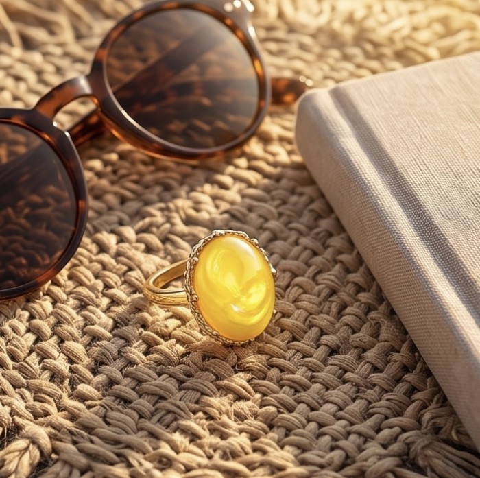 Vintage Style Authentic Golden Butterscotch Baltic Amber 18K Gold over .925 Sterling Silver entirely handcrafted ring; s. 6 - Golden butterscotch amber ring with sunglasses on woven surface