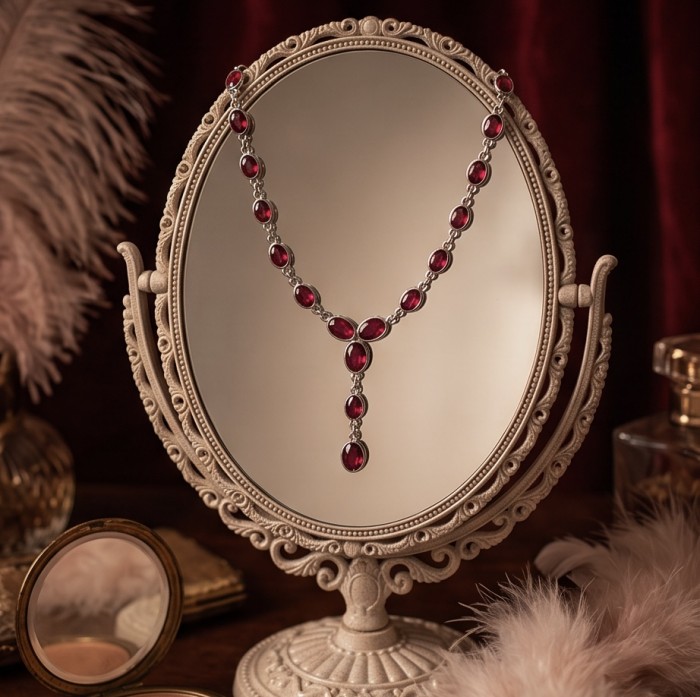 Giovanna - Magnificent Jewel 10.8 carat Ruby .925 Sterling Silver handcrafted Statement Necklace - Vintage mirror reflection of ruby necklace on stand