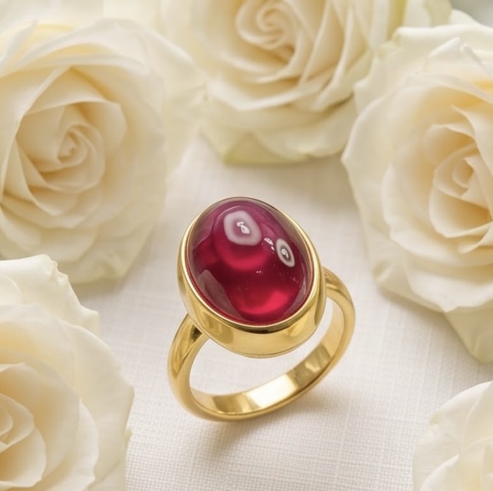 Giovanna 15.7 carat Kashmir Star Ruby .925 Sterling Silver dipped in 22K Gold handmade Statement Ring size 7 1/2 - Gold band with oval red stone surrounded by white roses