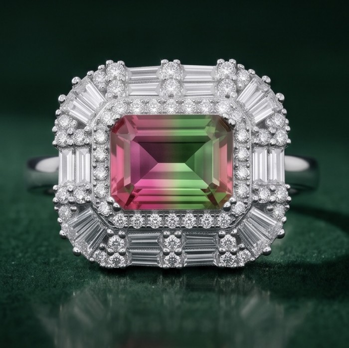 4.8 carat Brazilian Tourmaline .925 Sterling Silver dipped in rhodium Perfectly handcrafted Ring s. 8 - Close-up of 4.8 ct Brazilian Tourmaline ring with diamond accents