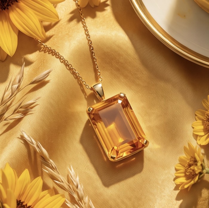 Baquette cut 28.4 carat Lemon Quartz 18K Gold over .925 Sterling Silver handcrafted pendant - Lemon Quartz pendant on gold chain, top view, with sunflowers and fabric.