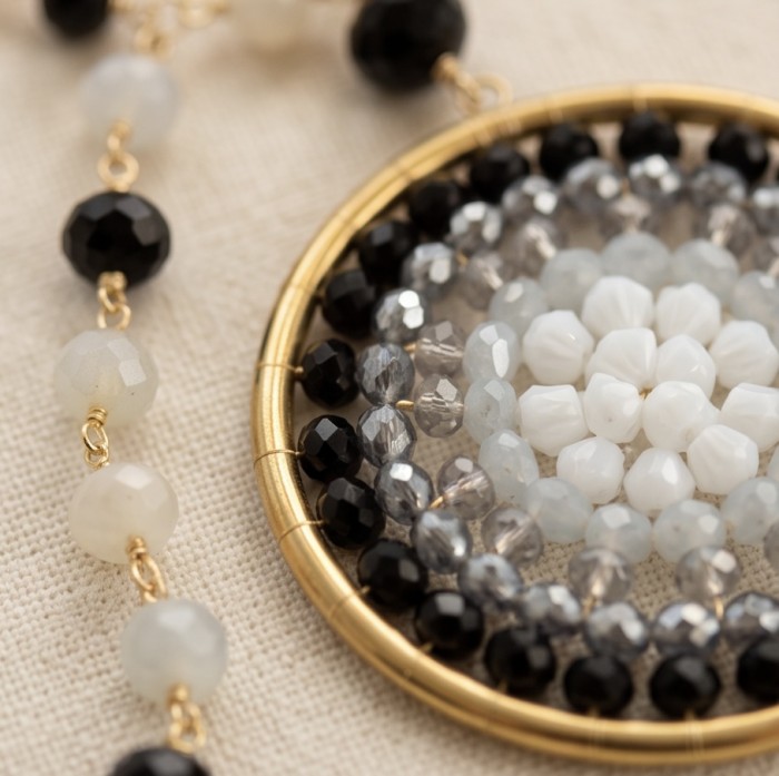 Magnificent Moonlight Crystal Onyx 14K Gold over .925 Sterling Silver handmade Necklace - Close-up of beaded pendant with crystals and onyx in gold setting