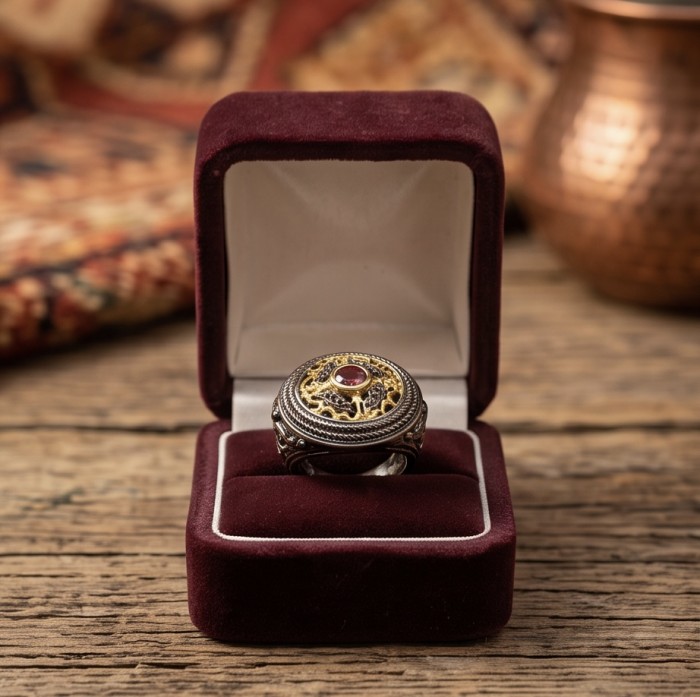 Vintage design Natural 1.8 carat Garnet 2 tones black rhodium .925 Sterling Silver handmade Statement Ring size 6 1/4 - Vintage garnet ring in velvet box, front view on wooden surface.