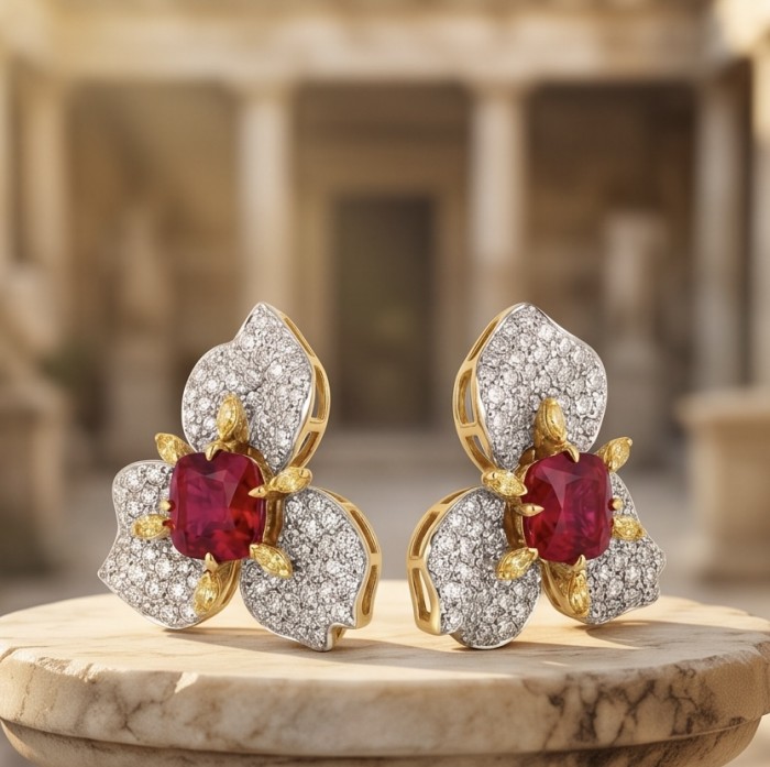 Exotica - authentic 7.9 carat Brazilian Garnet 2 tones .925 Sterling Silver dipped in rhodium handcrafted earrings - Front view of Exotica earrings with Brazilian garnet stones.