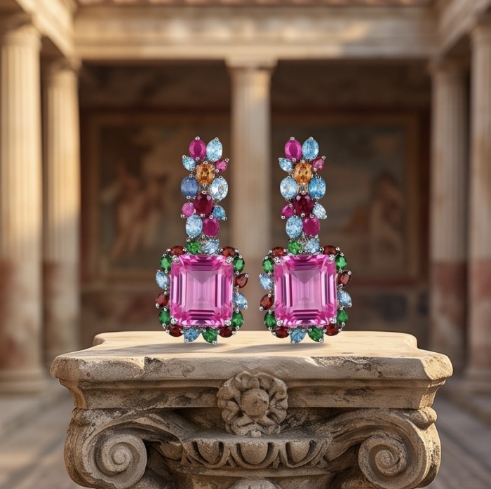 Large - Tiffany - authentic 41.5 carat Pink Sapphire rhodium over .925 Sterling Silver handcrafted Statement Earrings - Front view of 41.5 carat pink sapphire earrings with colorful stones.