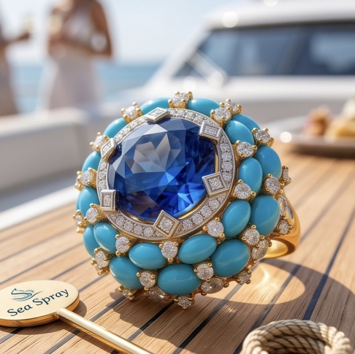 Blue Rhapsody - 16.5 carat natural Colombian Sapphire .925 Sterling Silver dipped in 22K Gold handcrafted Large Statement Ring size 7 1/4 - Close-up of Blue Rhapsody ring with sapphire and turquoise gemstones.