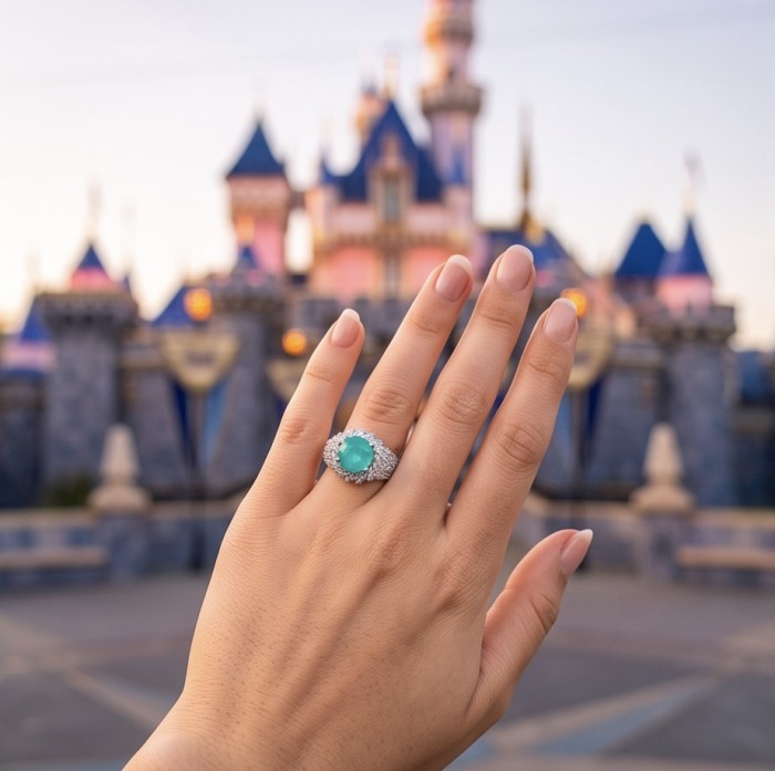 Elizabeth 14.8 carat Colombian Emerald .925 Sterling Silver dipped in Rhodium handcrafted Ring size 7 - Emerald ring worn on hand in front of a castle backdrop.