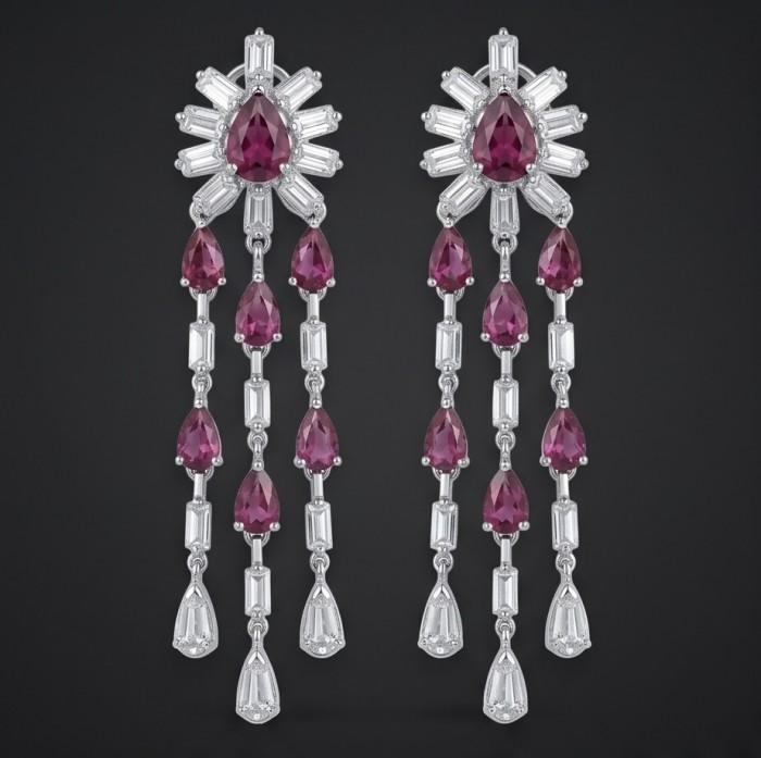 Isabella - natural 5.5 carat Mozambique Garnet rhodium over .925 Sterling Silver handmade Statement earrings - Mozambique garnet earrings front view with rhodium and baguette stones.