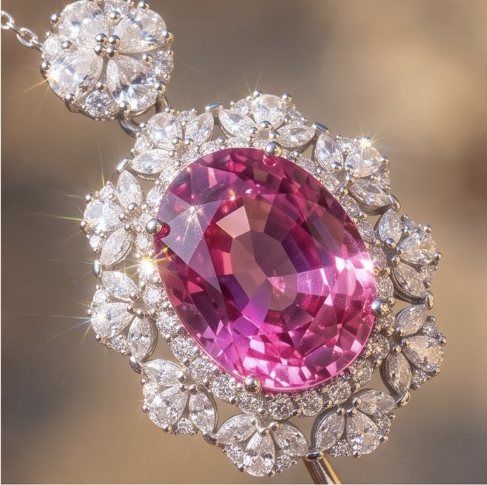 Tiffany Incredible oval cut 20.4 carat Pink Sapphire .925 Sterling Silver handcrafted pendant - Close-up of Tiffany oval cut 20.4 carat pink sapphire pendant.