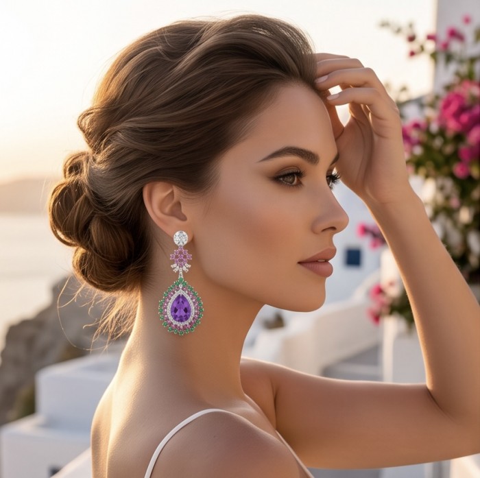 Giuseppina - Authentic 18.5 carat Amethyst rhodium over .925 Sterling Silver handcrafted Statement Earrings - Side view of Giuseppina amethyst earrings worn by a model.