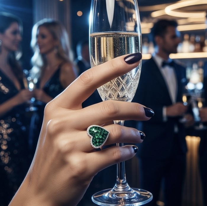 Heart Authentic MYSTIC SETTING 10.2 carat Colombian Emerald .925 Sterling Silver handcrafted Ring size 8 - Emerald ring worn on hand, close-up with champagne glass in background