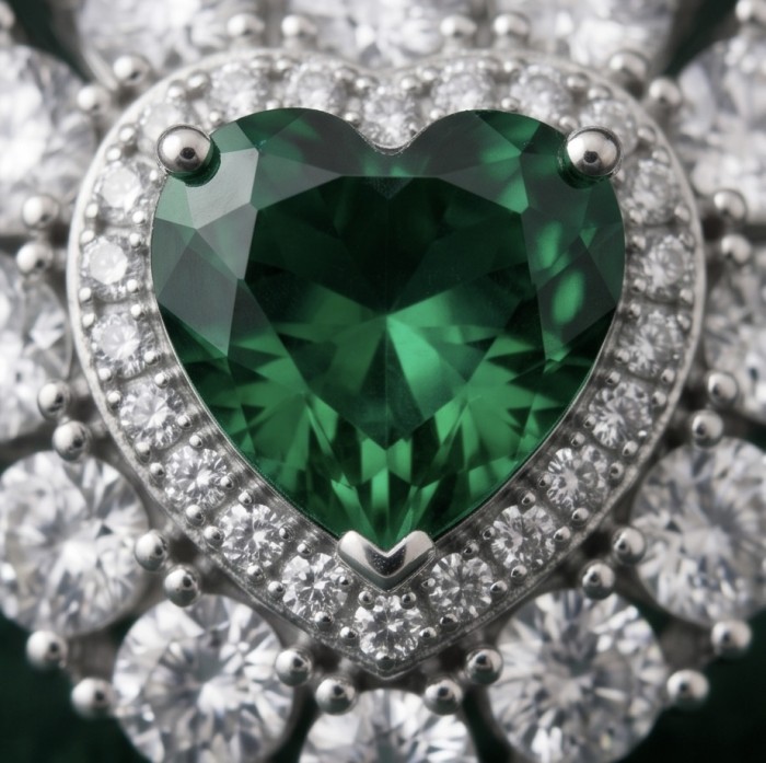 Precious Heart 2.8 carat natural Colombian Emerald .925 Sterling Silver handmade Statement Ring size 7 1/4 - Close-up of heart-shaped Colombian emerald with diamond accents.