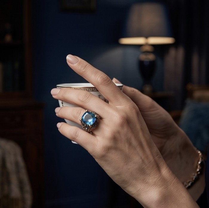 The Ocean Empress 28.8 carat Swiss Blue Topaz 5.2 carat Sapphire 22K Gold over .925 Sterling Silver dipped in rhodium handcrafted ring size 6 - Swiss Blue Topaz ring worn on hand, elegant setting and design.