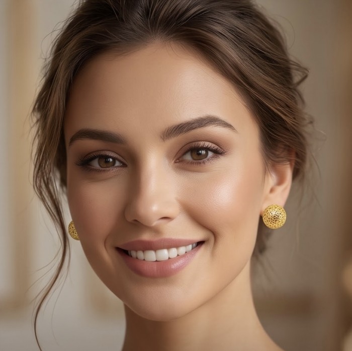 Black Label Collection - golden spheres - Dubai Style - Natural 22K Gold over .925 Sterling Silver handmade earrings - Woman wearing golden sphere earrings, front view.