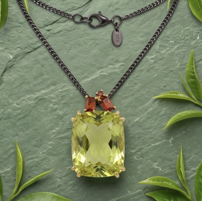 Outstanding 25.2 carat Lemon Quartz black rhodium over .925 Sterling Silver handcrafted Statement necklace - Lemon Quartz necklace with black rhodium chain and clasp detail.