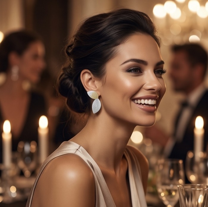 Precious Leaves 4.2 carat pave White Golden Topaz .925 Sterling Silver Handcrafted Statement earrings - Earrings worn at an elegant event, showcasing design and sparkle.