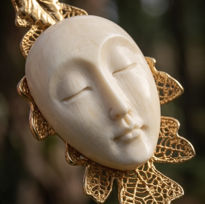 Stylish REAL Leaf dipped in Gold 10.5 carat carved Bone .925 Sterling Silver Pendant - Close-up of gold-dipped leaf jewelry with carved bone face.