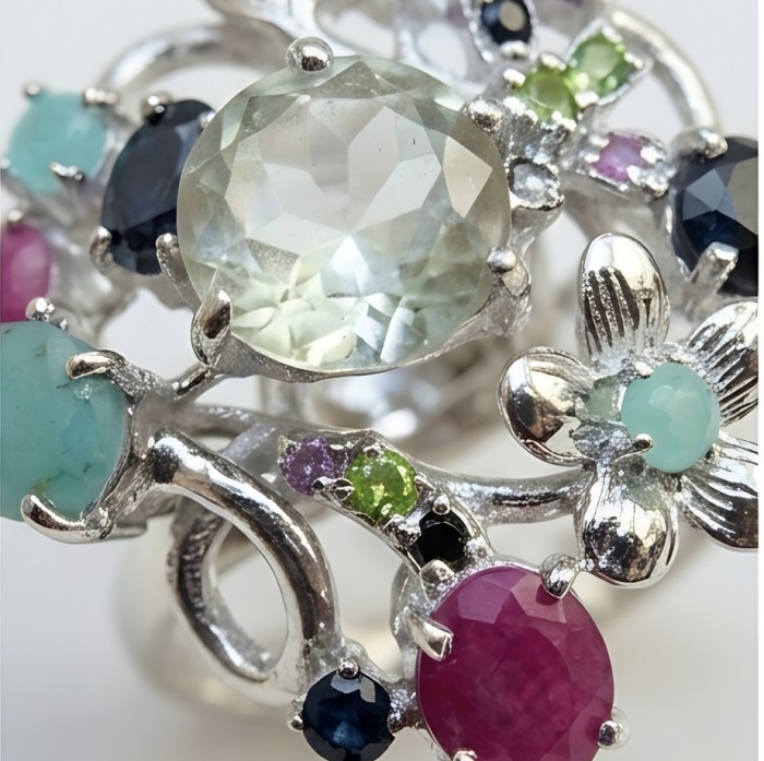 Isabel Authentic 18.7 carat Green Amethyst rhodium over .925 Sterling Silver handcrafted Statement Ring size 9 - Close-up of multicolored gemstones on Isabel Authentic jewelry piece