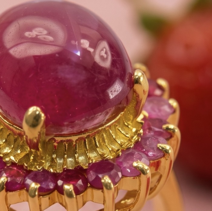King of Gems Genuine 7.7 CARAT Mozambique Ruby 22K Gold over .925 Sterling Silver Statement Ring size 6 1/2 - Close-up of King of Gems 7.7 ct ruby in 22K gold setting