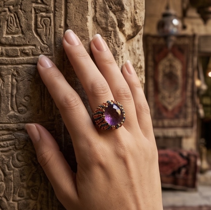 Peace 14.5 carat natural Fancy Rose cut Amethyst Enamel 22K Gold over .925 Sterling Silver Handcrafted Ring size 7 3/4 - Amethyst ring worn on hand showcasing stone and band design.