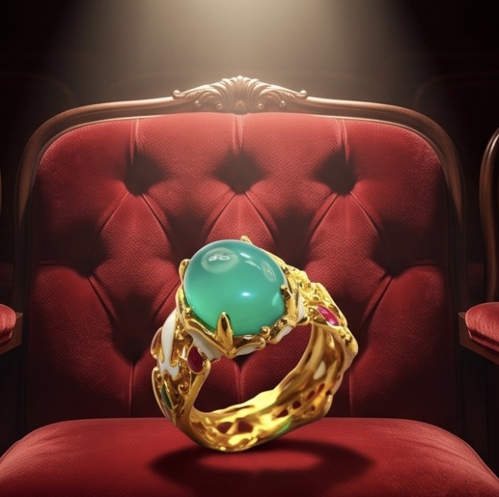 Magnificent 939 carat Natural Ruby Emerald Enemel 18K Gold over . 925 Sterling Silver handcrafted Statement Ring size 7 - Ornate emerald ring on red velvet seat, stone close-up