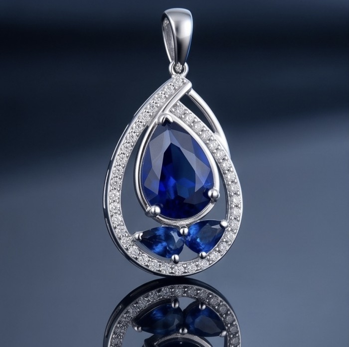 Vintage Beauty 5.7 carat Sapphire Rhodium over .925 Sterling Silver handcrafted pendant - Teardrop sapphire pendant, front view, with diamond accents.