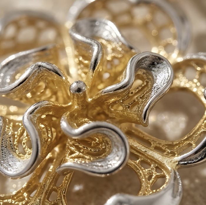 Golden Roses Dubai Style - .925 Sterling Silver dipped in 22K Gold handmade Earrings - Close-up of filigree flower detail in sterling silver and gold.