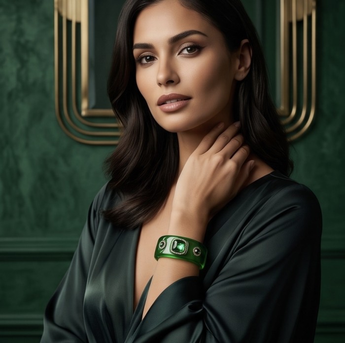 Candy Store - Modern Design Natural Green Raisin Topaz .925 Sterling Silver bracelet - Woman wearing green bracelet with natural green raisin topaz, front view.