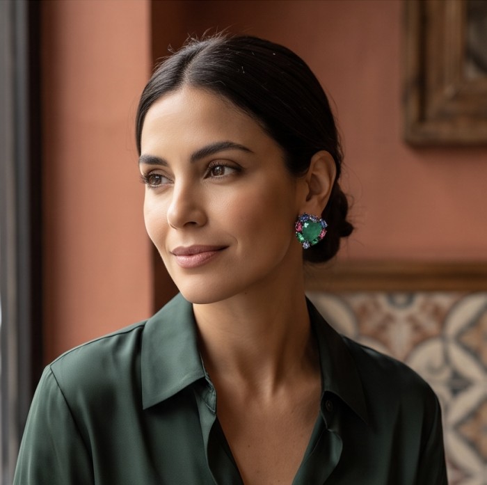Love is Forever 6.2 carat Colombian Emerald .925 Sterling Silver dipped in black rhodium handmade Statement Earrings - Woman wearing Love is Forever 6.2ct emerald earrings, side view.