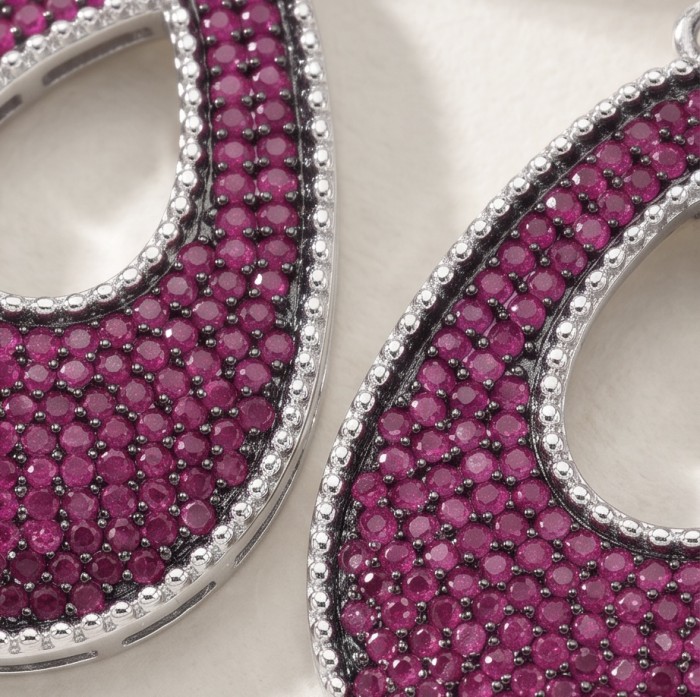 Bella Rossa - 2.5 carat pave Mozambique Ruby .925 Sterling Silver dipped in Rhodium handcrafted earrings - Close-up of Bella Rossa 2.5ct pave Mozambique Ruby sterling earrings.