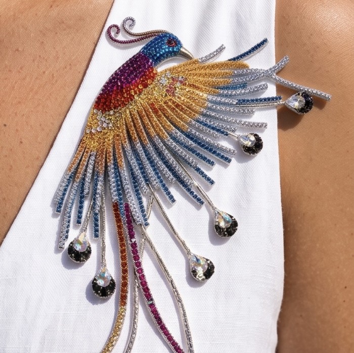 Large Precious Phoenix Natural 10.8 carat PAVE Multigem Rhodium over .925 Sterling Silver handcrafted Brooch - Phoenix brooch with multigem stones, worn on white fabric.