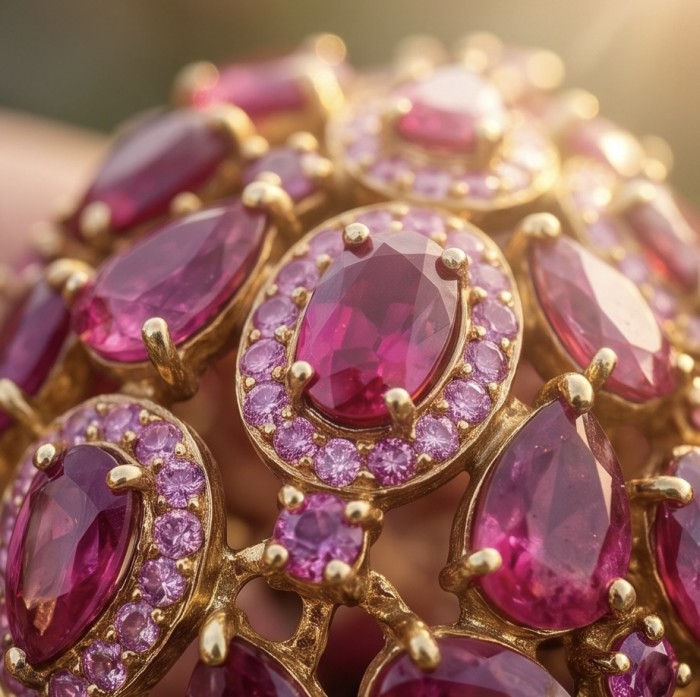 Black Label Collection - Vintage Beauty - Genuine 21.5 carat Mozambique Ruby .925 Sterling Silver dipped in 22k Gold handmade Pendant - Close-up of Black Label Vintage Beauty jewelry with red gemstones and gold.