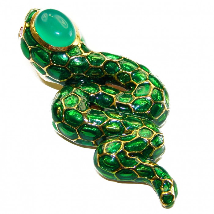 INCREDIBLE Natural Jade Enamel Snake 14K Gold over .925 Sterling Silver brilliantly handcrafted Pendant - photo 4
