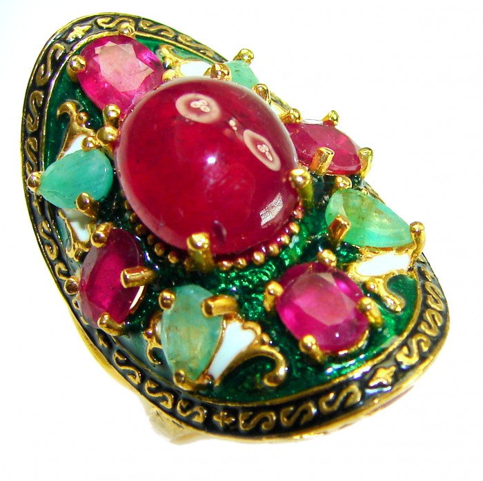 Wisdom authentic 8.7 carat Ruby enamel 18 K Gold over .925 Silver handcrafted Statement Ring s. 6 3/4 - Close-up of Wisdom 8.7 carat ruby ring with enamel and gold detailing