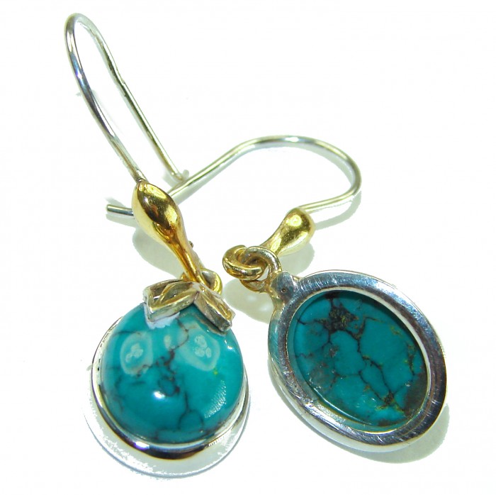 Authentic Turquoise 2 tones .925 Sterling Silver handcrafted Earrings - Turquoise earrings close-up, silver and gold details visible