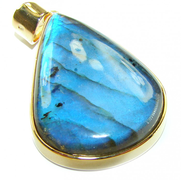 Magical Aurora 43.5 carat Fire Labradorite 14K Gold over .925 Sterling Silver handcrafted Pendant - Close-up of Aurora Fire Labradorite pendant in 14K gold setting.
