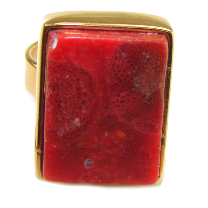 Bochic Style Natural Fossilized Coral 14K Gold over .925 Sterling Silver handmade ring s. 8 adjustable - Close-up of Bochic fossilized coral ring in 14K gold over silver.
