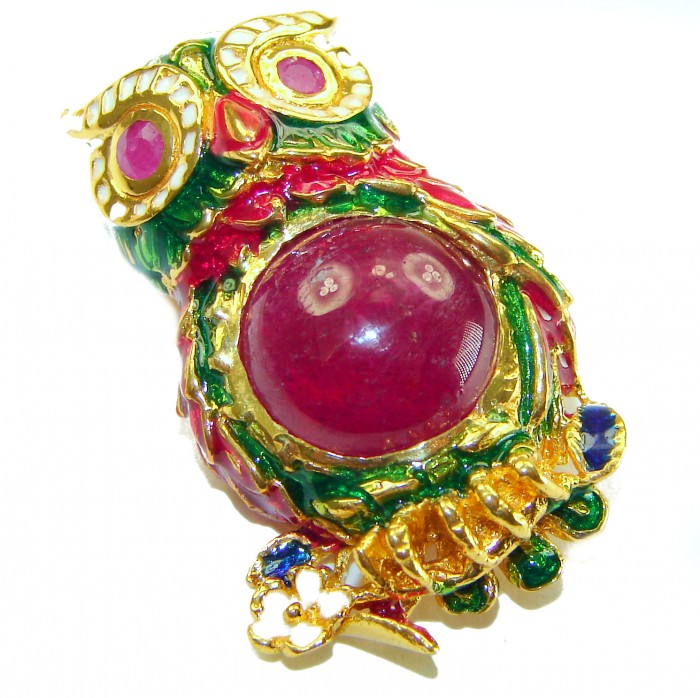 Wisdom and Unseen World - Owl- Genuine 10.5 carat Ruby enamel .925 Sterling Silver handmade Pendant - Brooch - Detailed view of owl brooch with 10.5 carat ruby and colorful enamel.