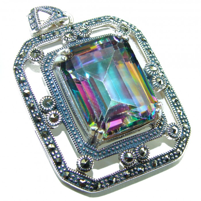 Spectacular 14.2 cut Mystic Topaz Marcasite .925 Sterling Silver handcrafted Pendant - Close-up of a large Mystic Topaz pendant with marcasite in sterling silver.