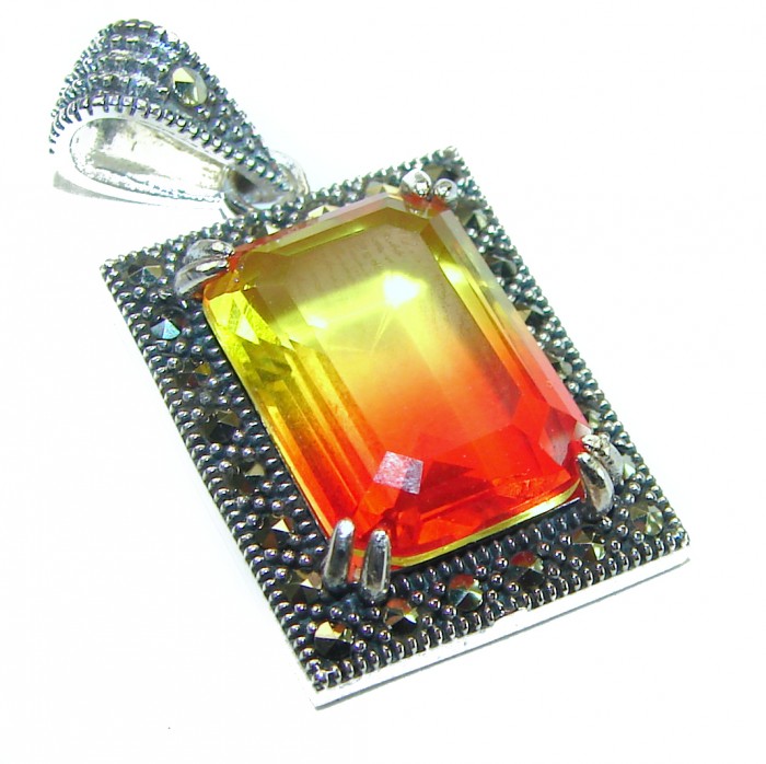 THE COLORS OF THE EARTH 11.5 carat Ametrine Marcasite .925 Sterling Silver handmade Pendant - Ametrine pendant close-up showing marcasite accents and vibrant colors.