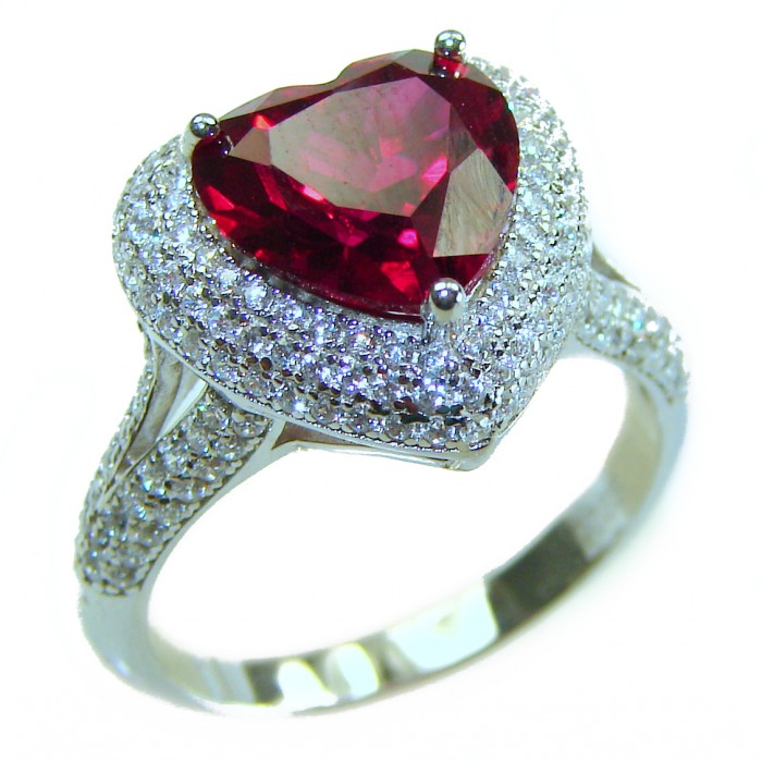 Gabriella HEARTcut 6.8 carat Ruby .925 Sterling Silver handcrafted Cocktail Ring s. 8 1/4 - Side view of heart-cut ruby ring with diamond accents on sterling silver band.