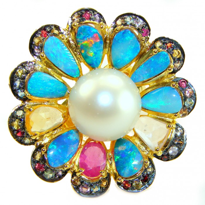 Giovanna- One-of-a-Kind genuine Australian Opal Pearl 18k Gold over .925 Sterling Silver Handcrafted Ring size 7 - Opal and pearl brooch close-up, vibrant colors and intricate design.